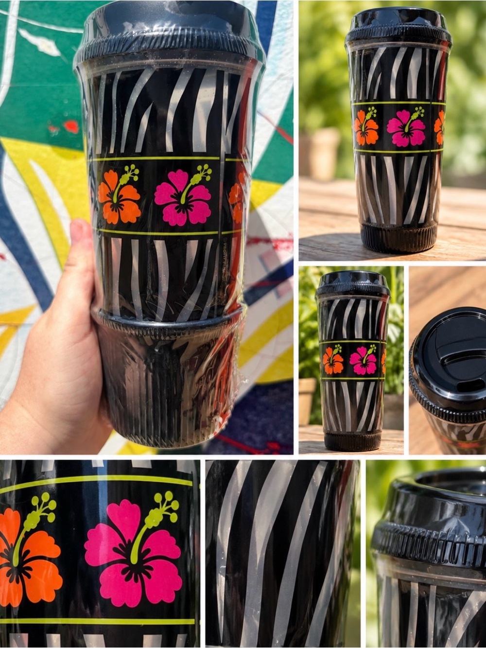 Black Zebra-Print Travel Tumbler with Pink & Orange Hibiscus